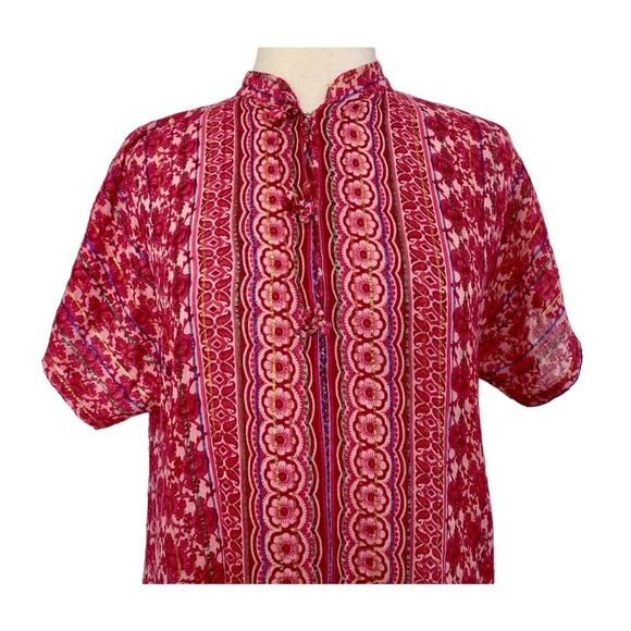 Vintage Metallic Sheer Chiffon Pink Floral Boho Button Up Maxi Kaftan Dress OS - Picture 3 of 12